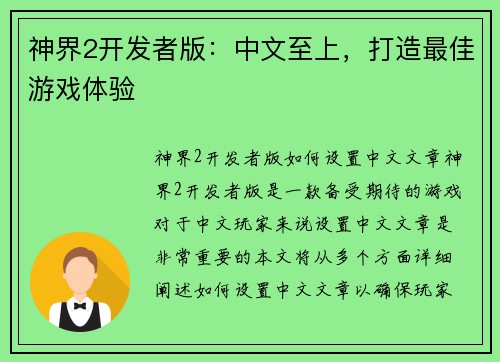 神界2开发者版：中文至上，打造最佳游戏体验